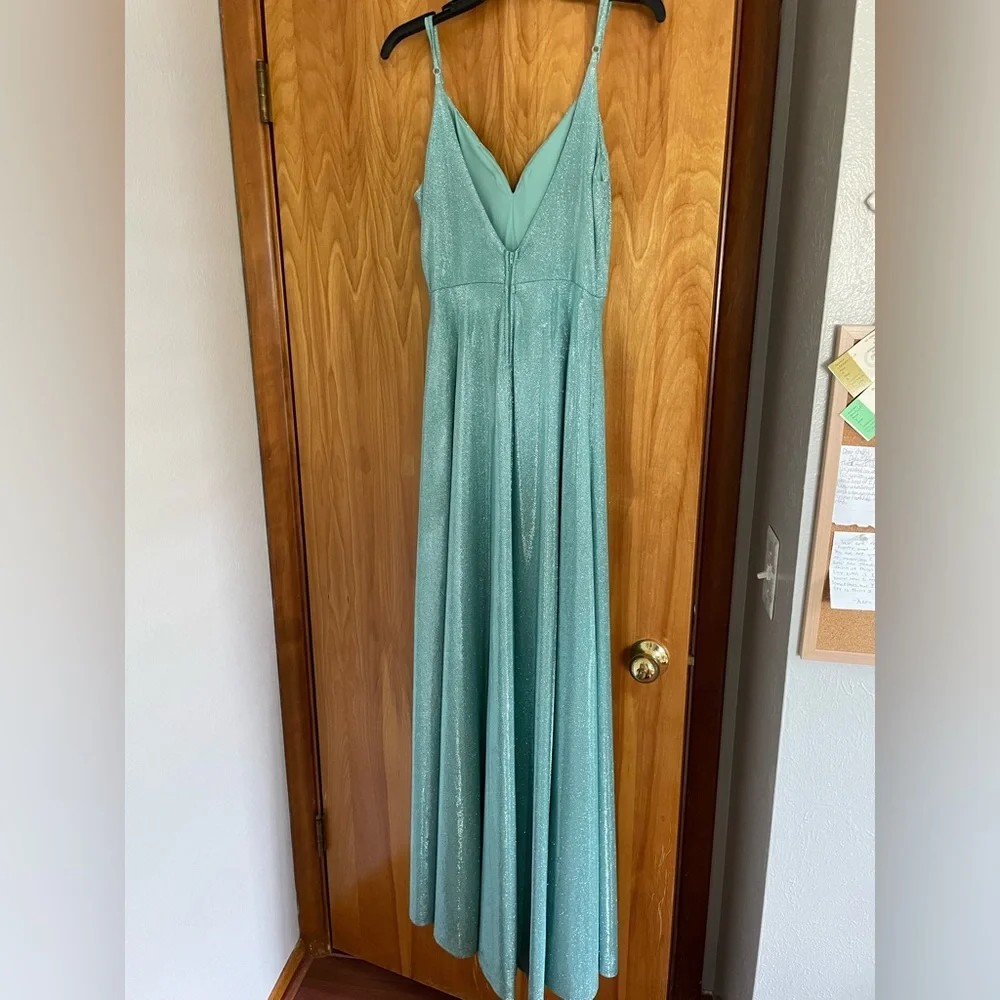 Teal Glitter Prom Dress Vneck Thigh Slit Formal - Picture 2 of 3